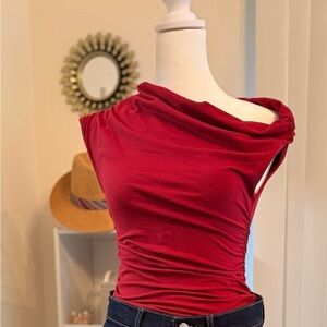Red Asymmetrical Ruched Sleeveless Blouse